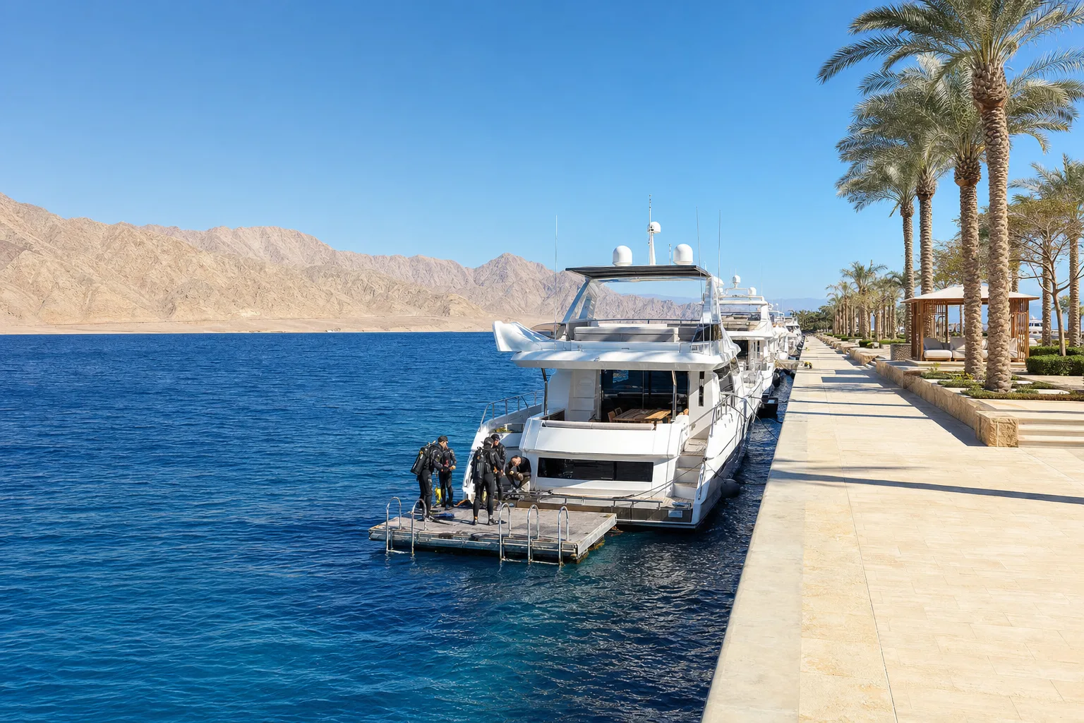 Yachts moored along a marina quay with desert mountains behind